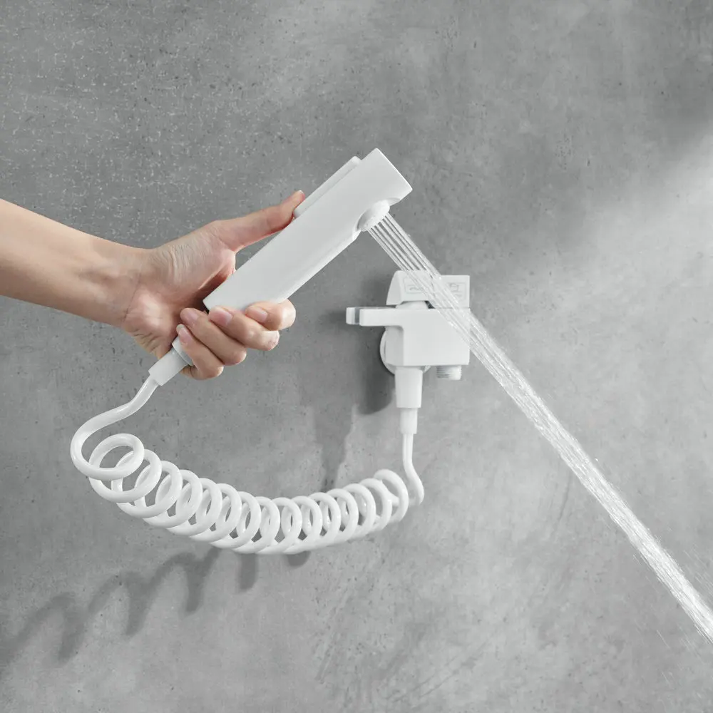 New trend matte white color bathroom 2 way brass double angle valve adapter with 2 switch water control