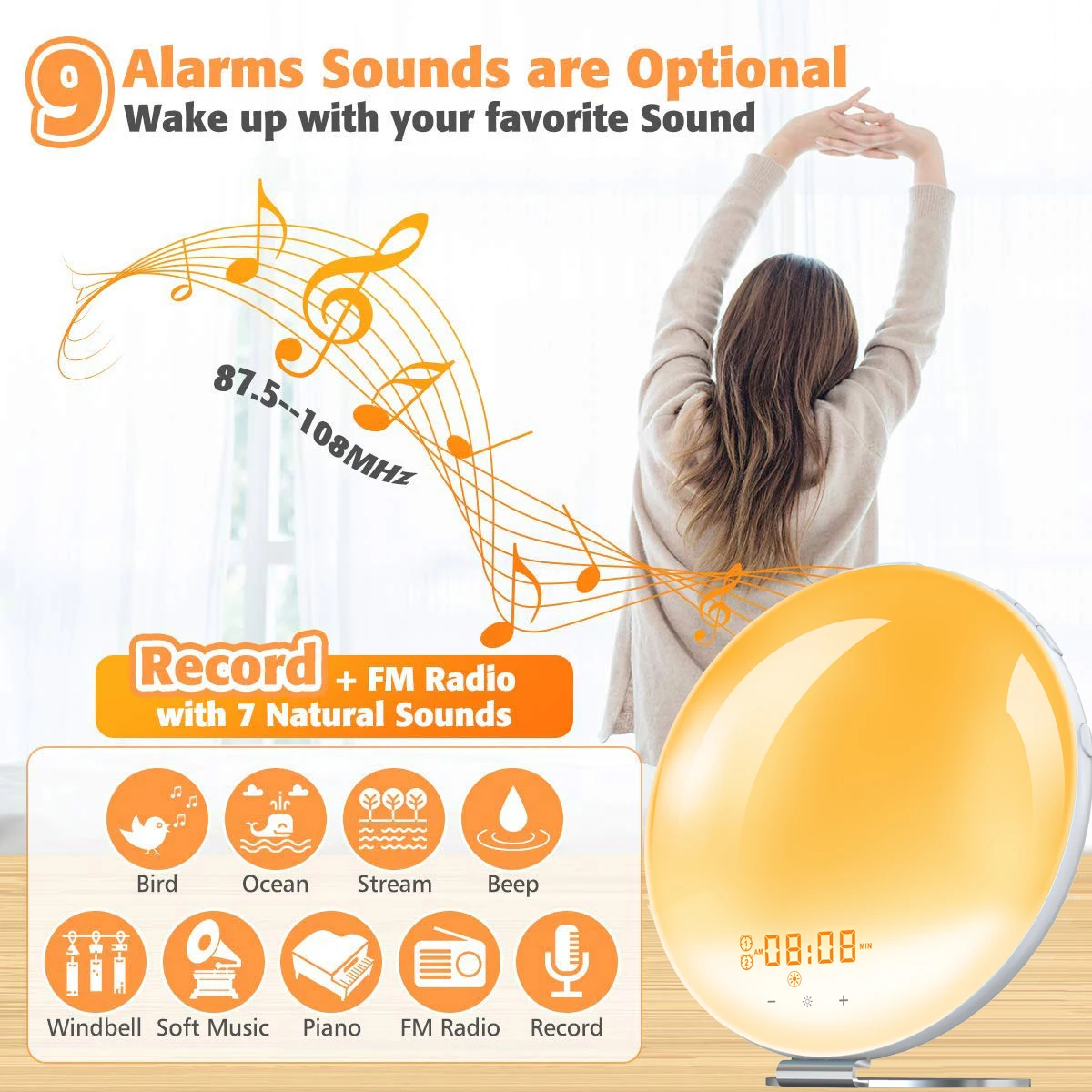 2020 Hot Selling Snooze Atmosphere Sunset Mode Bedside Lamp Wake Up Light Sunrise LED Screen Multiple Nature Sounds Alarm Clock