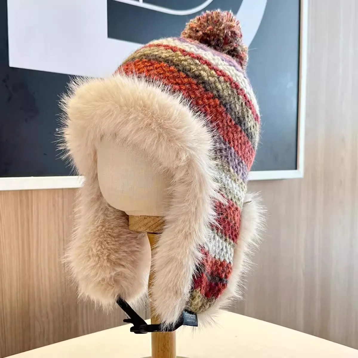 Women Fluffy Fuzzy Pattern Striped Knit Faux Fur Lined Aviator Cap Warm Ear Protection Winter Plush Fox Fur Earflap Trapper Hat