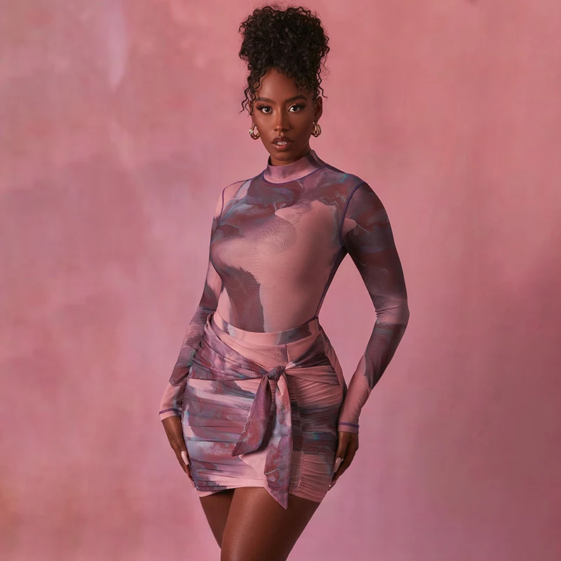 Ladies Sexy Casual Rompers Sexy Mock Neck Long Sleeve Slim Fitted One Piece Bodysuits Jumpsuit Women Tie Dye Bodysuit