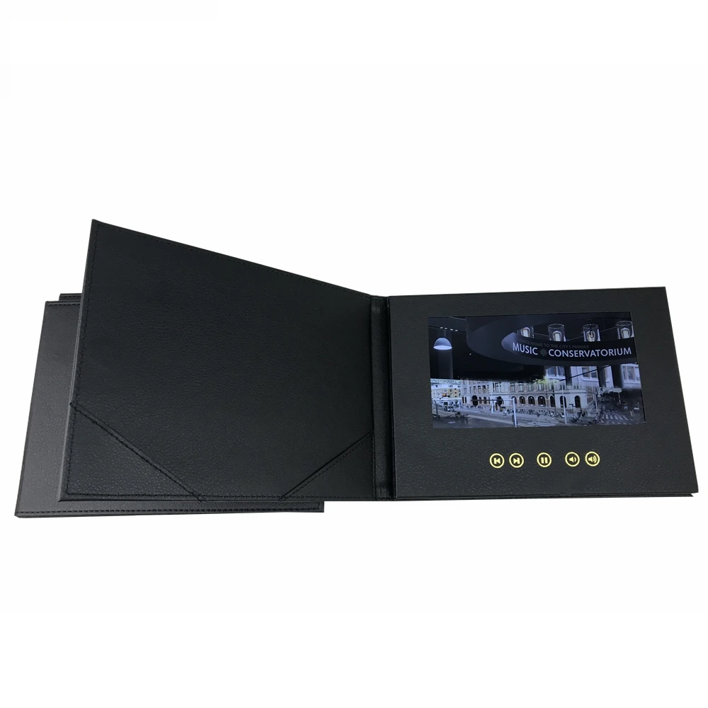 7 Inch Black PU Video Card A5 Size Digital Gift Video Card With Hot Stamping For Marketing Advertising