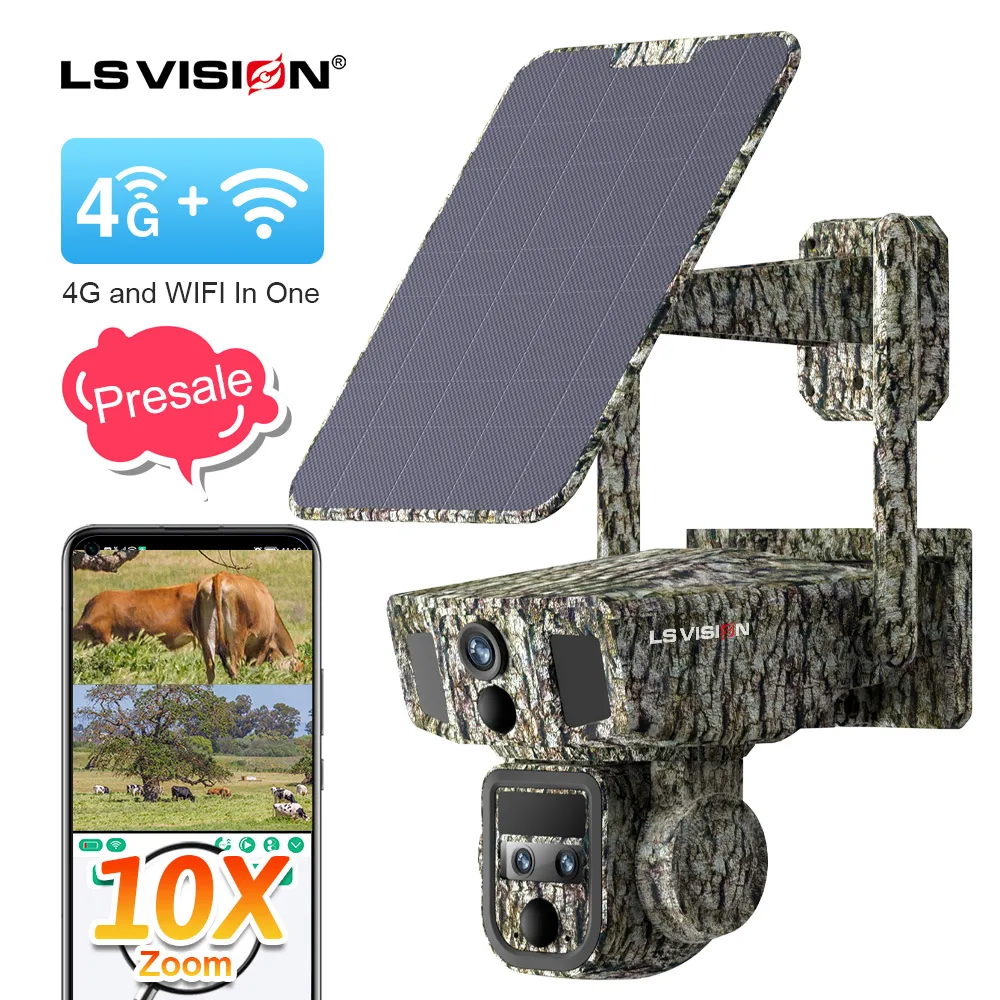 LS VISION 4G/WiFi 2 в 1 двухэкранная Солнечная камера 2K HD 3 Len 10x оптический зум двойная слежения