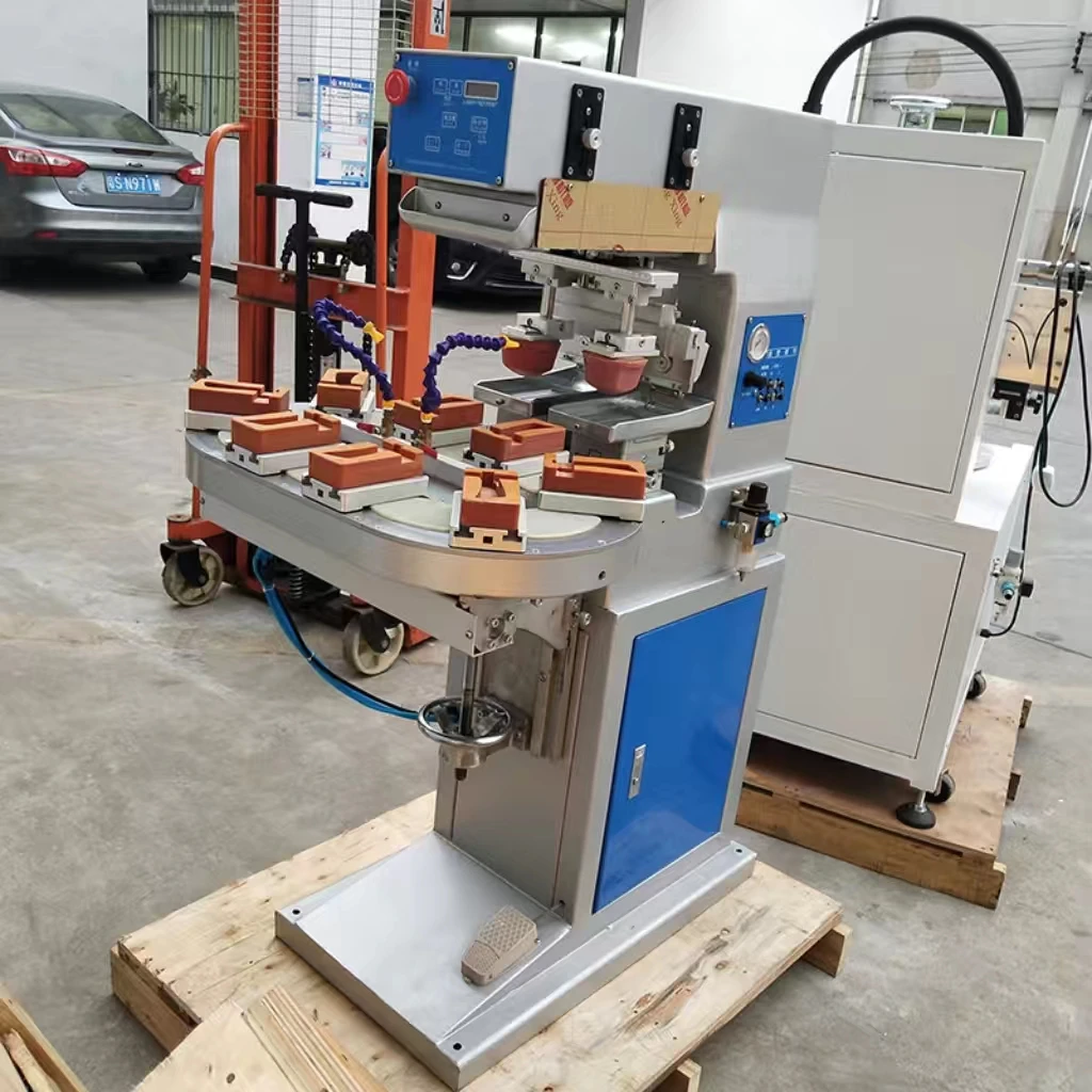 China Manufacturer Automatic 2 Color Pad Printing Machine with Blowing Device Pneumatic Rotary Pad Printing Press