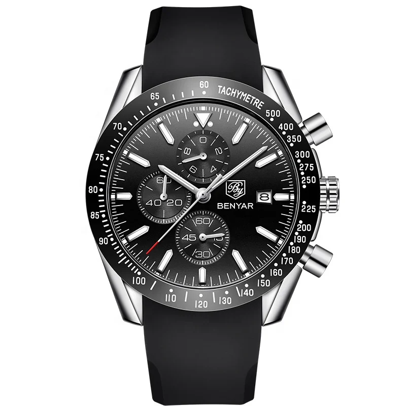 Montre Homme Original Benyar 5140 Luxury Brand  Silicone Sport Watches Fashion Chronograph Quartz Watch For Men