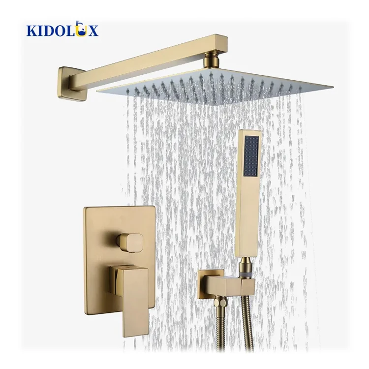 Golden Thermostatic Brass Hot Cold Water Mixer in Wall Mounted Single Dual Handle Bathroom Rain Concealed Shower Set Kit
