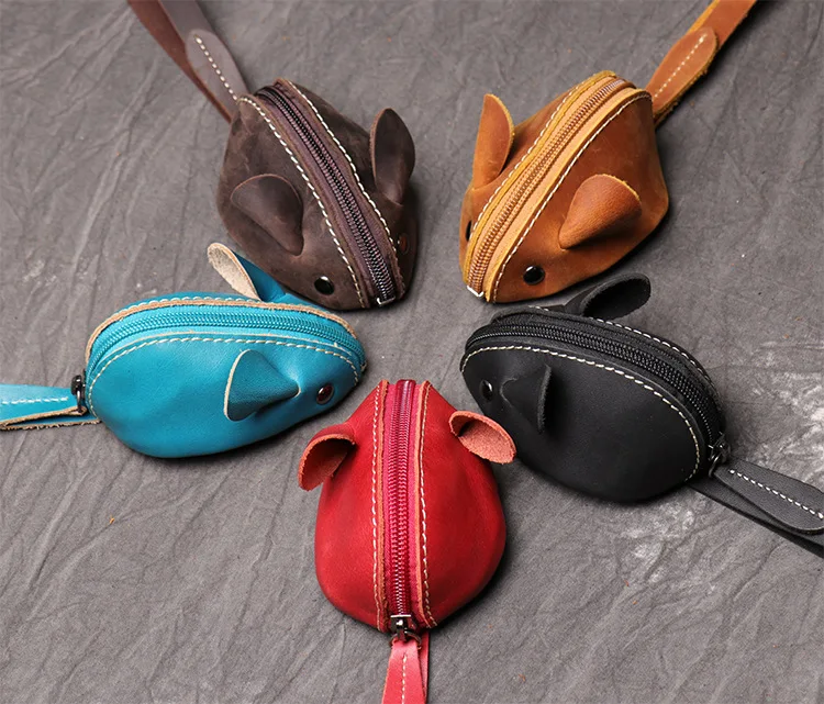 Genuine Leather Mouse Coin Purse Wallet Cute Leather Coin Pouch for Boys and Girls Pouch for Earphone Customized Solid Zipper
