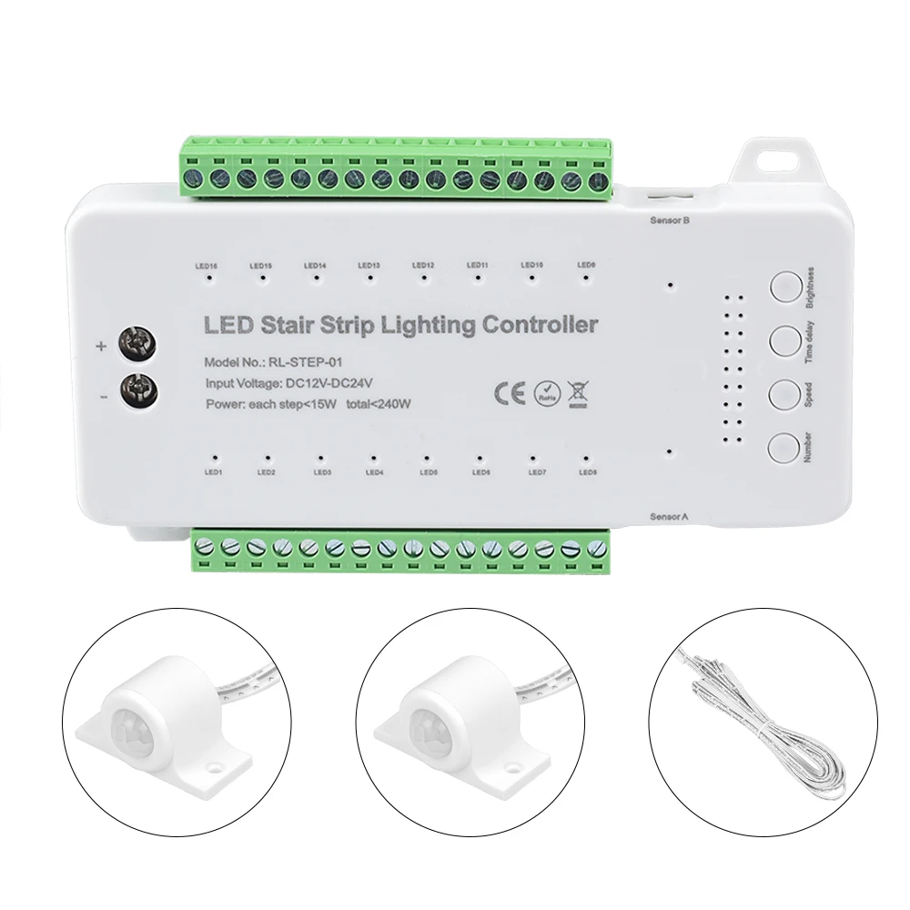 16-way dc12-24v stairs step led strip light controller motion sensor indoor staircase lighting system