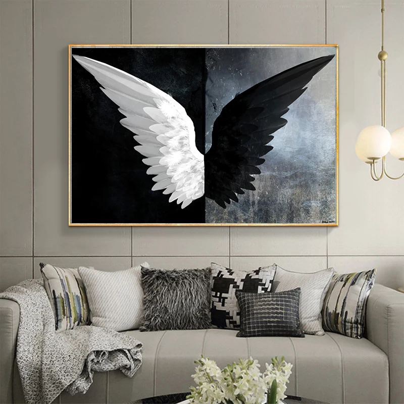 Nordic Black and White Angel Wings Painting on Canvas Scandinavian Poster and Prints Wall Art Picture for Living Room Decor