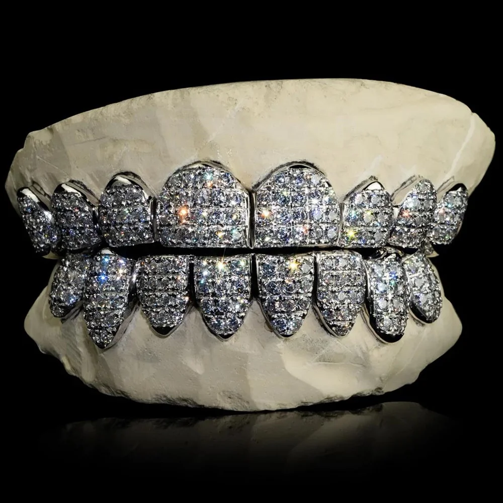 Hip Hop Custom Teeth Moissanite Silver Grillz 10 Top 10 Bottom Iced out vvs Diamond Moissanite Grillz