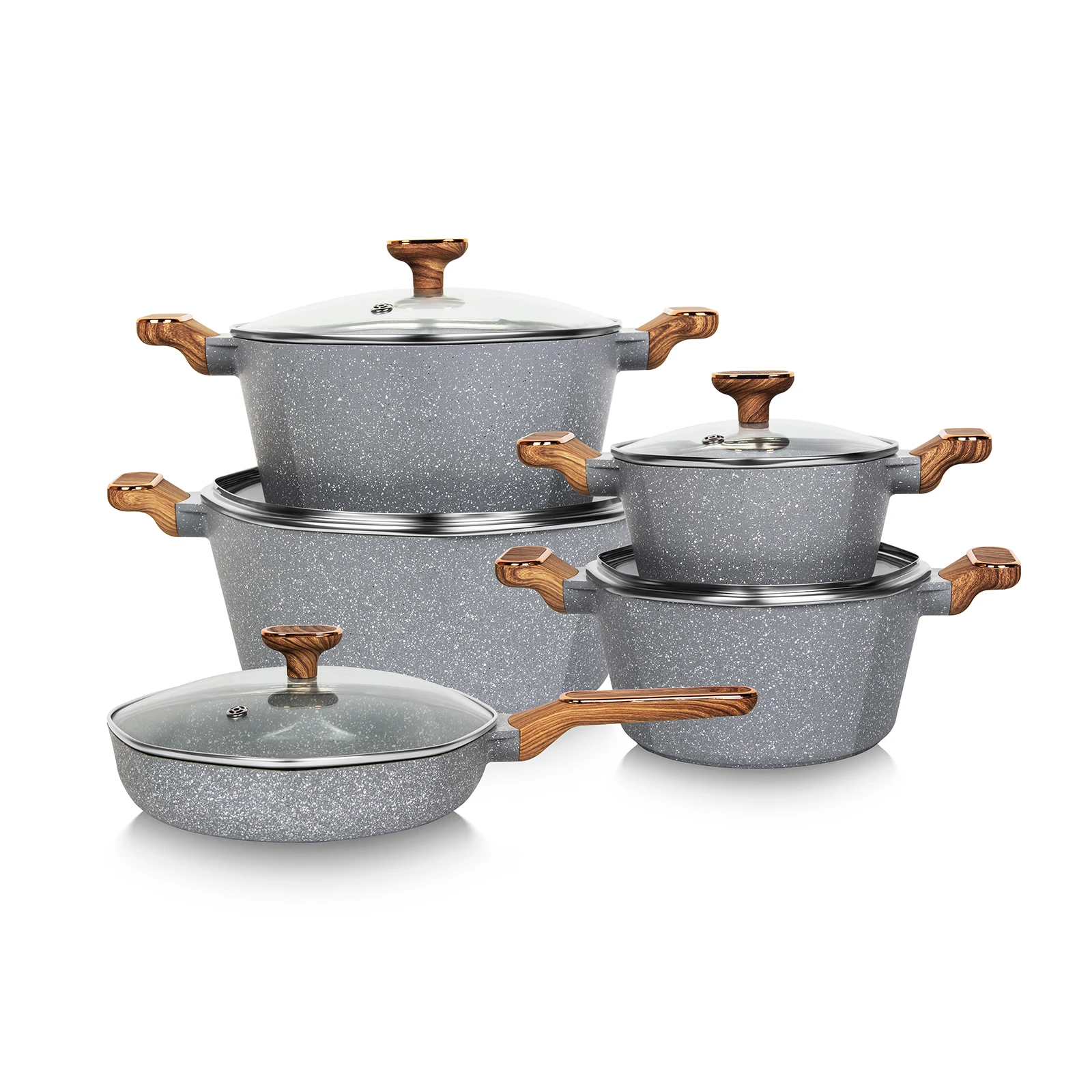 New style Octagonal die casting casserole aluminium marble paint cooking pots set non stick cookware