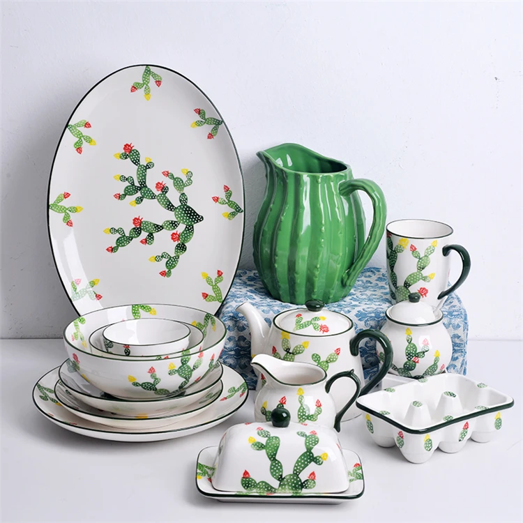 Creative Design Cactus Pattern Ceramic Chinese white Dinner Set Porcelain Moroccan Dinner Set Stoneware Cactus Cups