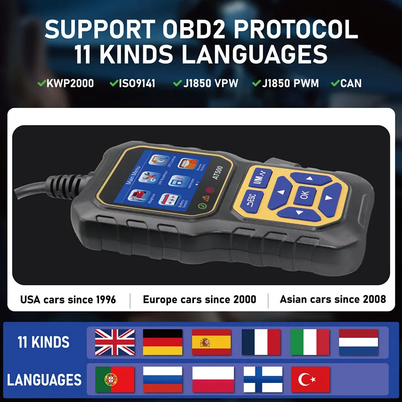 OBD2 прибор для обнаружения транспортных средств AT500 OBD II сканер O2 тестовый датчик 11 видов считыватель кода языка ISO9141/KWP2000 протоколы