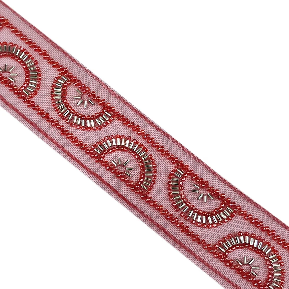 Factory Wholesale Beaded Lace Trim Pearl Beaded Applique, rhinestone and crystal beaded lace trim for wedding belt