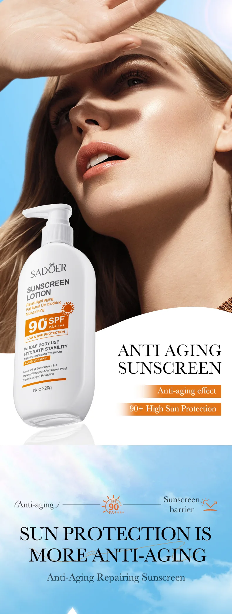 Custom Logo Sadoer Uvb Uva Protection Moisturizing Sunscreen Lotion Spf 90+ Waterproof Whole Body Sunblock Lotion