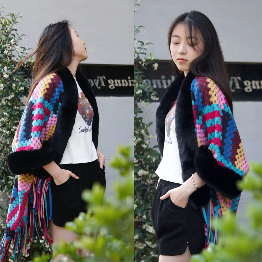 Lady Big Size Warp Scarf New Designed Wool Blended Color Blocked Shawl With Tassel Long Shawl With Fur Trim