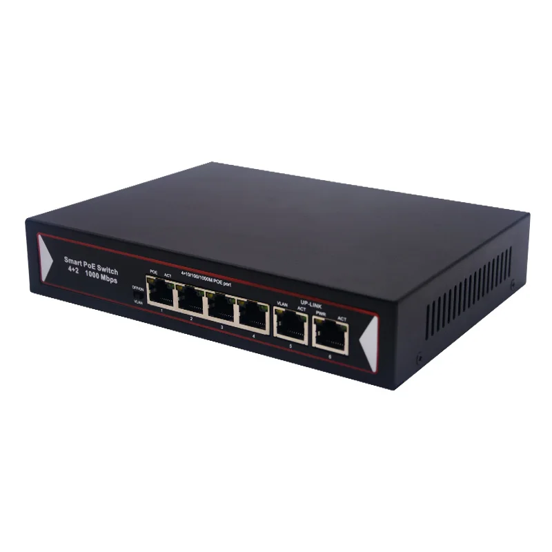 4 Ports 10/100/1000Mbps PoE+ 2 Fast Ethernet Uplink, 803.af/at compliant, Unmanaged Plug and Play PoE switch