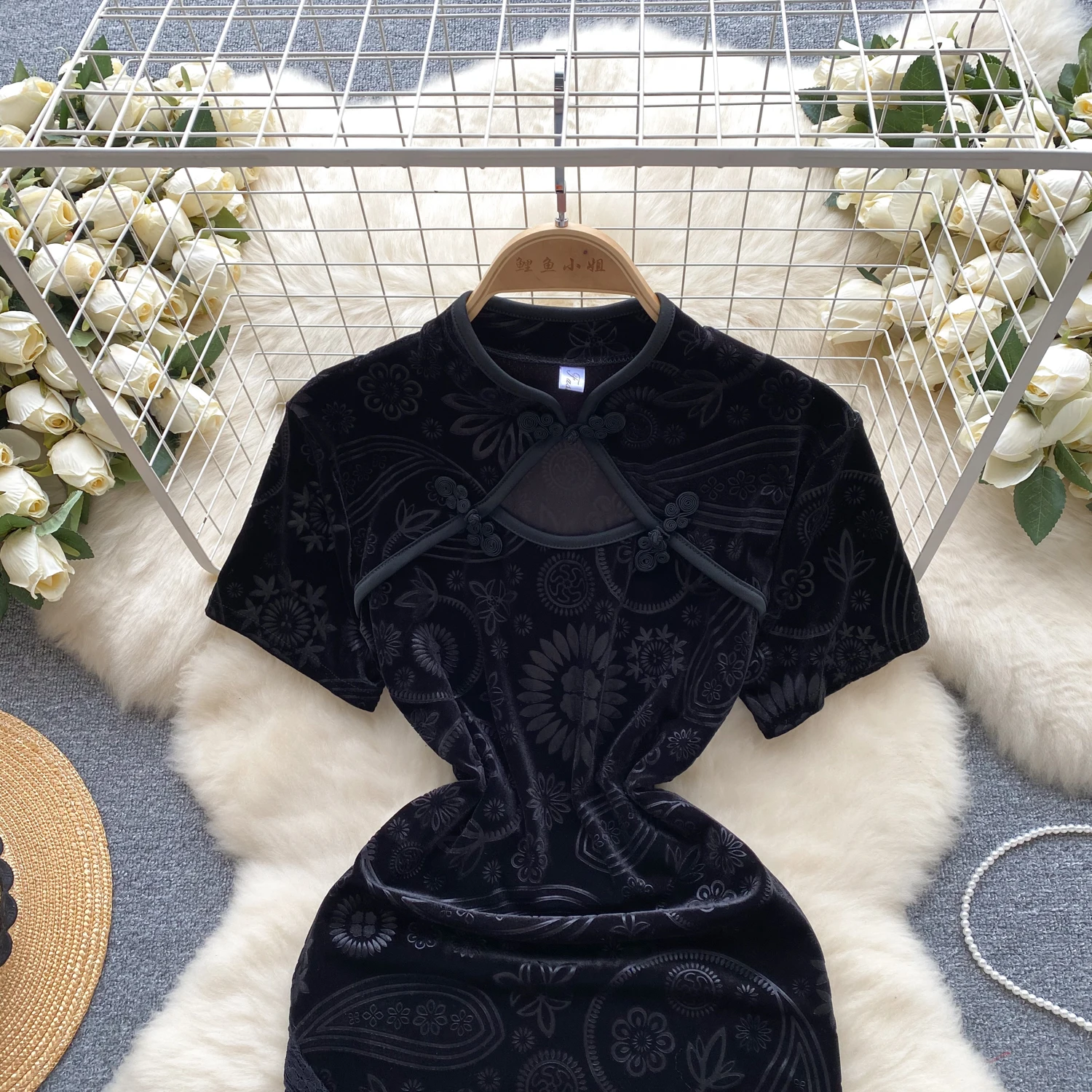 Summer Y2K Mandarin Collar Slit Sheath Hip Dress For Women Short Sleeve Lace Dresses Ladies Retro Dresses Clothes Women