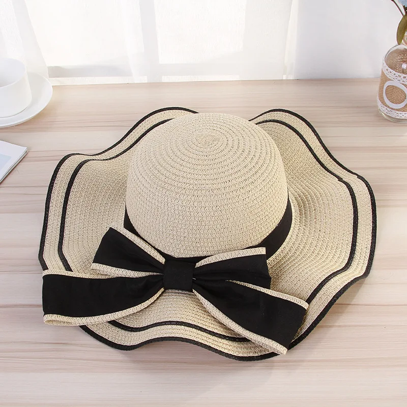 2021 summer big straw hat casual ladies wave side bow straw hat beach shade seaside vacation visor cap