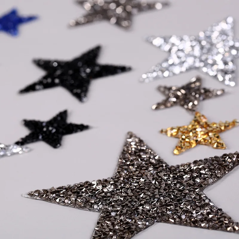 Fashion Hollow Star Patches Iron on Big Small Bling Silver Gold Star Crystal Sparkly Rhinestone Star Patches for Clothing Hat