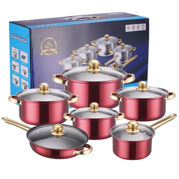 Stainless steel pot set non-stick pan 12-piece set gold-plated handle stainless pots cookware set kitchen