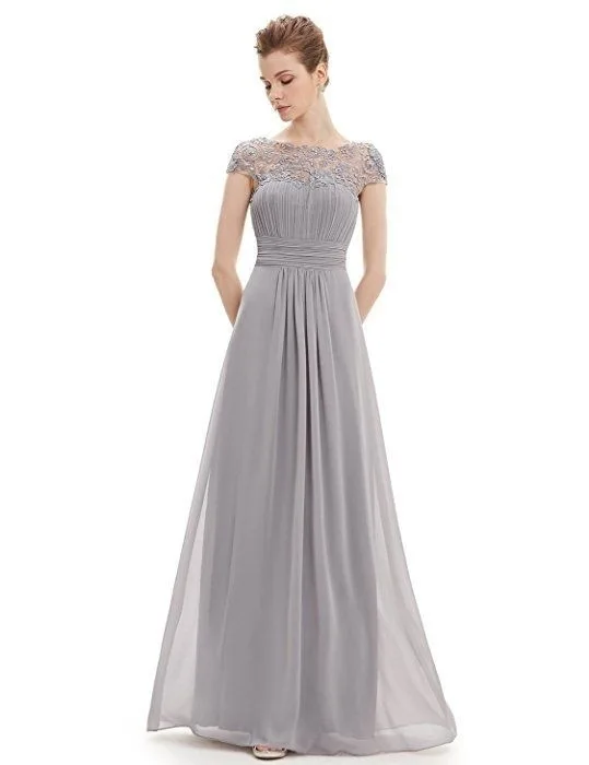 Long Wedding Women Slim Corset Waist Pleats Evening Short Sleeve Round Neck Pattern Lace Tulle Pastel Bridesmaid Dress