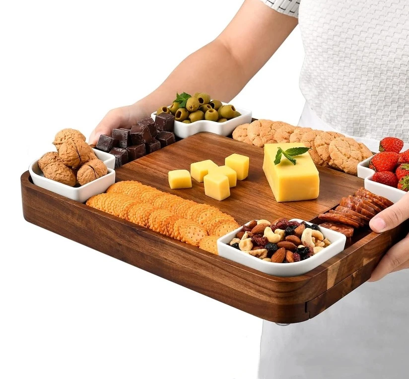 Acacia Wood Cheese Board Set Square Shaped Charcuterie Boards Cheese Platter With Stainless Steel Cutlery