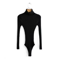 Wholesale Ladies Clothing Pure Color Long Sleeve Ribbed High Neck Bodysuit Women