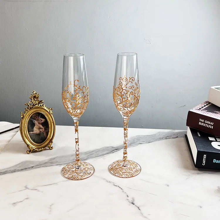 Handmade 200ml Gold Paintings Pattern Champagne Flutes Wedding Glasses Goblet