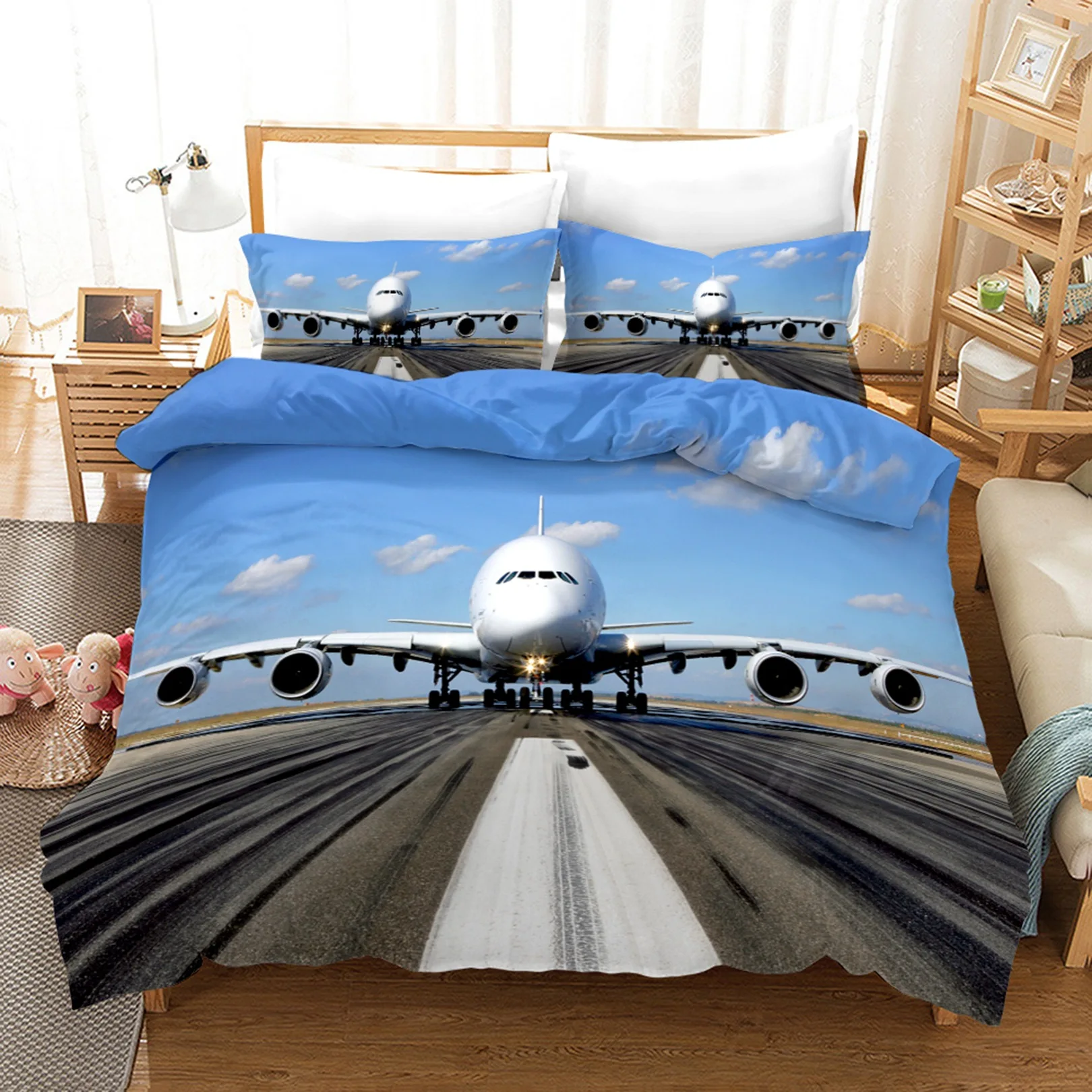 Kids Boys Airplane Duvet Cover Blue Sky Aviation Aircraft Runway Bedding Set 3D Print Luxury Microfiber Modern Airplane Pattern