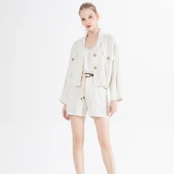 Amazon хит продаж, весенний льняной хлопковый полосатый Повседневный женский осенний комплект с хлопковой подкладкой, женские блейзеры