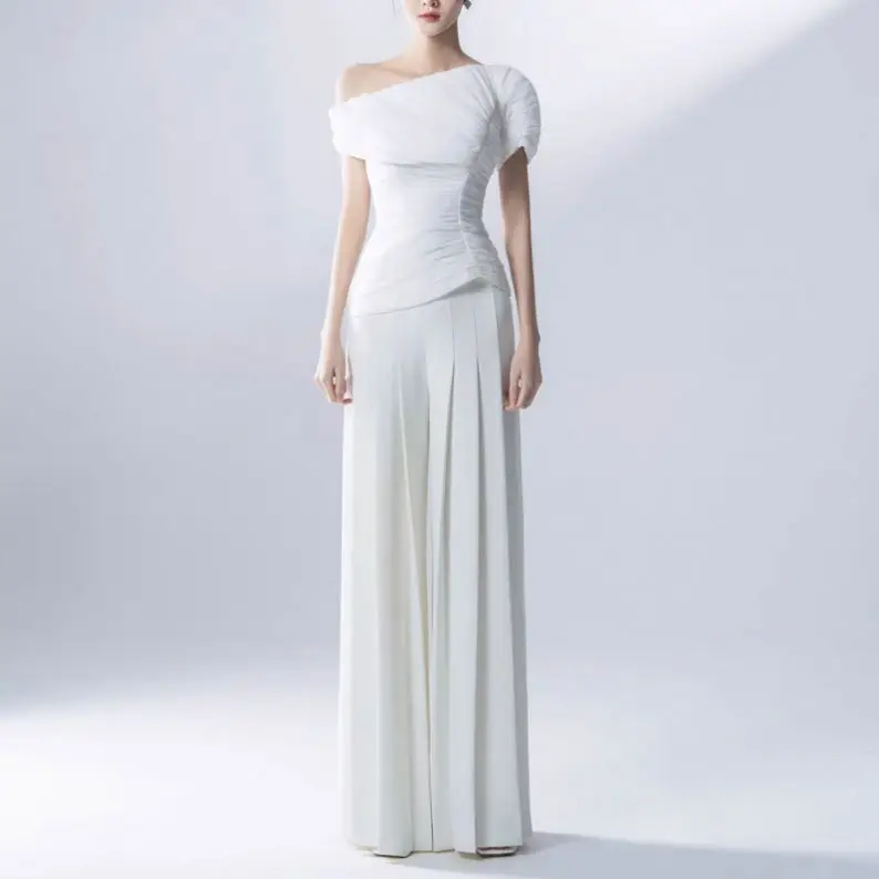 2024 Summer New Fashion Elegant Pleated Design Sense Single Blouse + High Waist Straight Wide Leg Pants Suit Women