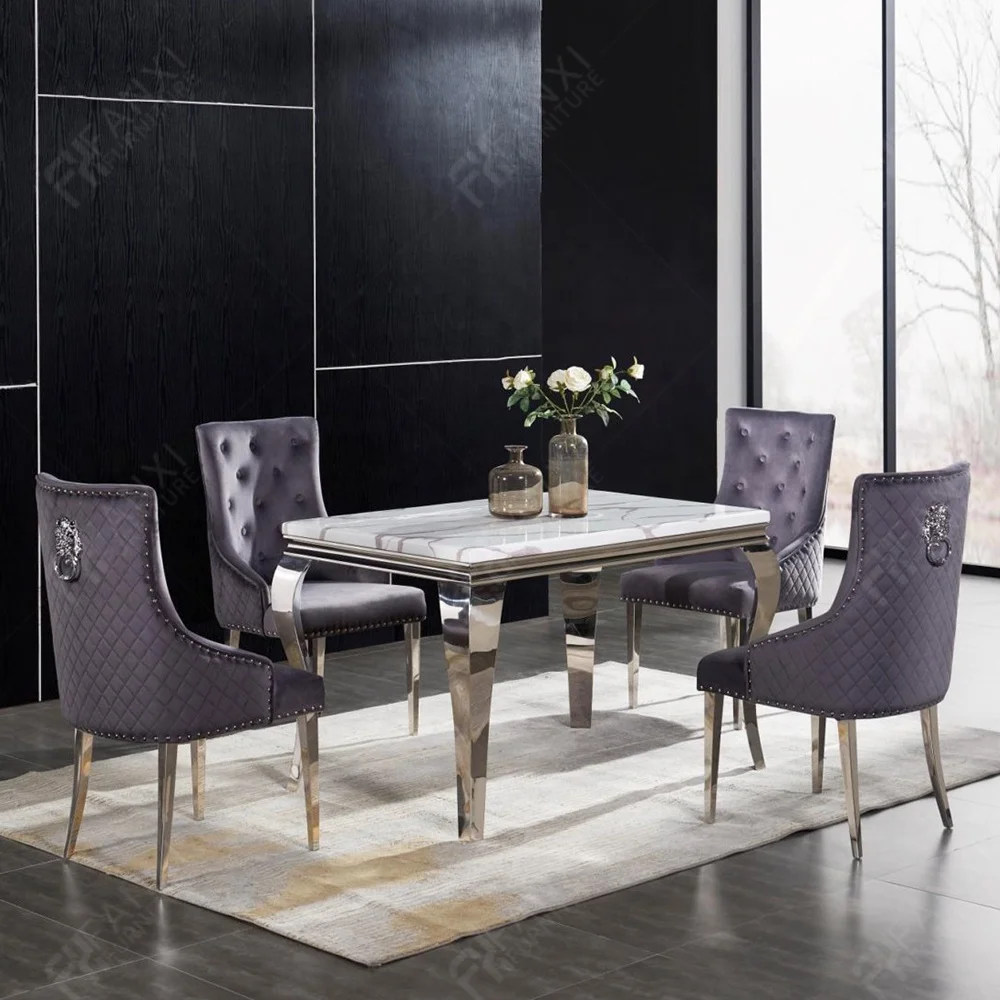 Dining room furniture UK grey modern marble luxury stainless steel wedding dining table set restaurant dining tables