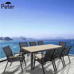 Alu Frame Plastic Wood Teslin Fabric Material Fashion Outdoor 9pcs Dining Set with 1 Table 8 Stackable Chairs