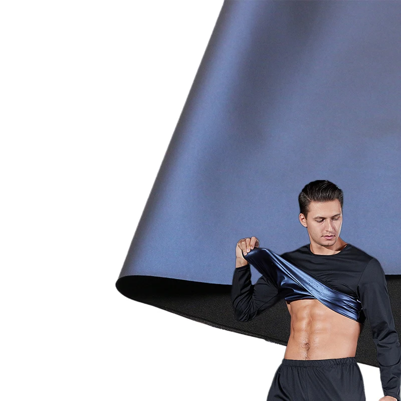 Soft skin fast heat storage activewear sweat wear fabric super elastic nylon spandex stick PU blue film sauna suit fabric