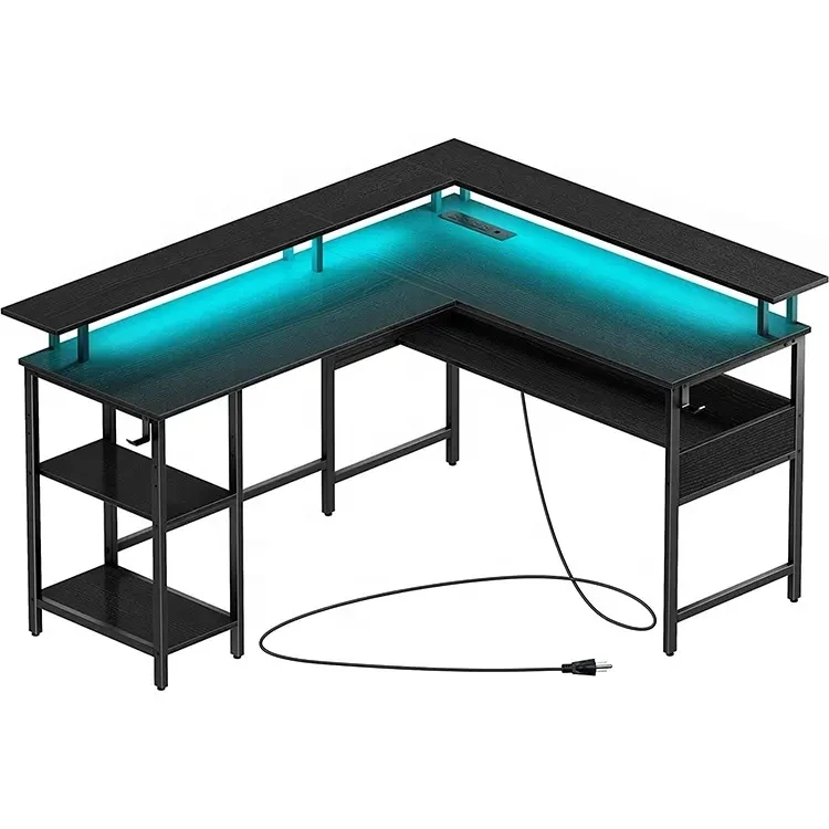 Computer Desk L Shaped with LED Strip & Power Outlets, Reversible L Shaped Computer pc desk