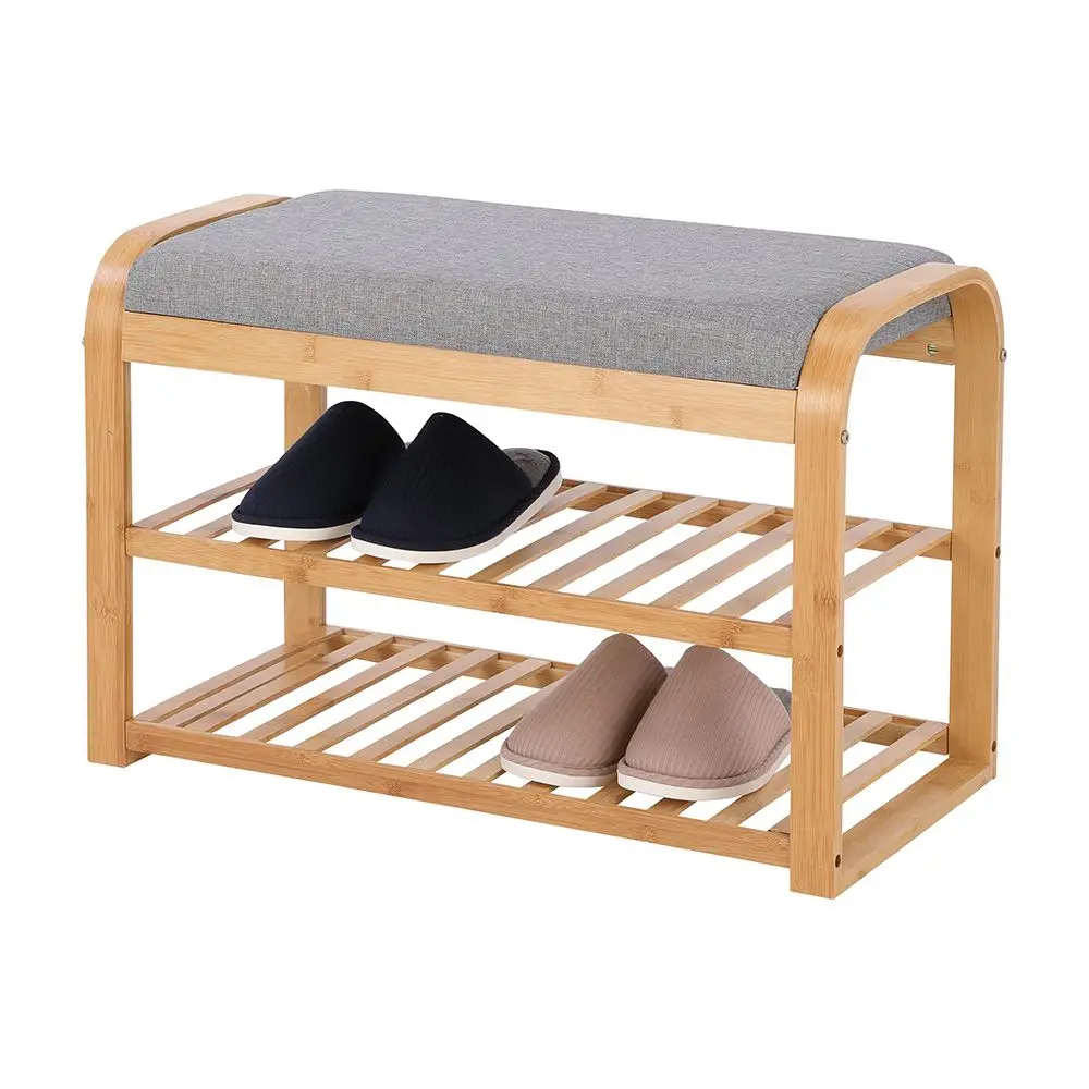 Bamboo Shoe Bench Seat Cushion Double Tiers Multifunctional Flexible Design Standing Type Shoe Rack Entryway Living Room
