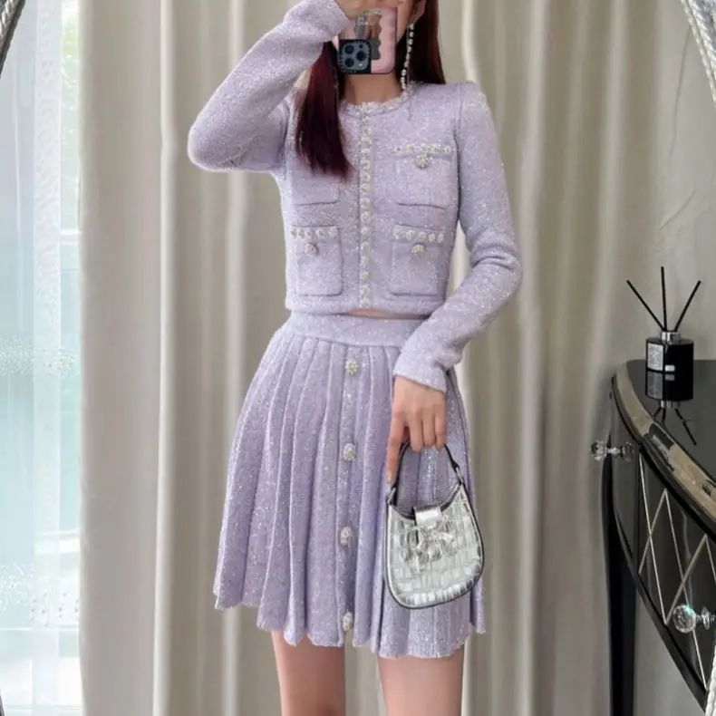 Bettergirl 2023 autumn and winter purple pearl knitted short coat pleated skirt 2 pieces suit sales only skirt