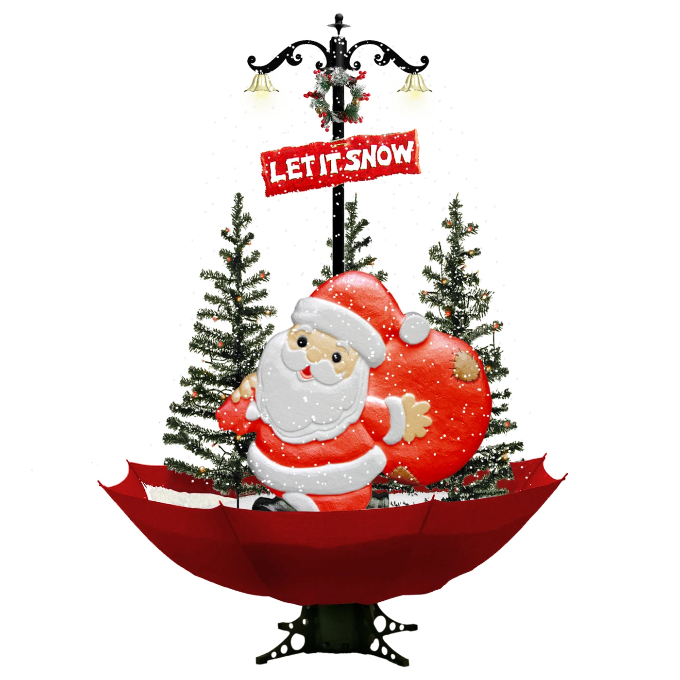 European market buy Christmas musical decorations falling blowing snow Christmas tree with umbrella and penguins