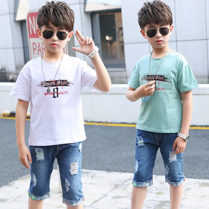 Manufacturer China 2022 summer kid Boy clothes tracksuit smile Child Letter Print  sleeve T shirt + jeans shorts pants Short Set