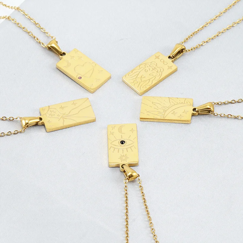High Quality Gold Plated Stainless Steel Engraved  Necklace Tarot Card Pendant Necklace For Women