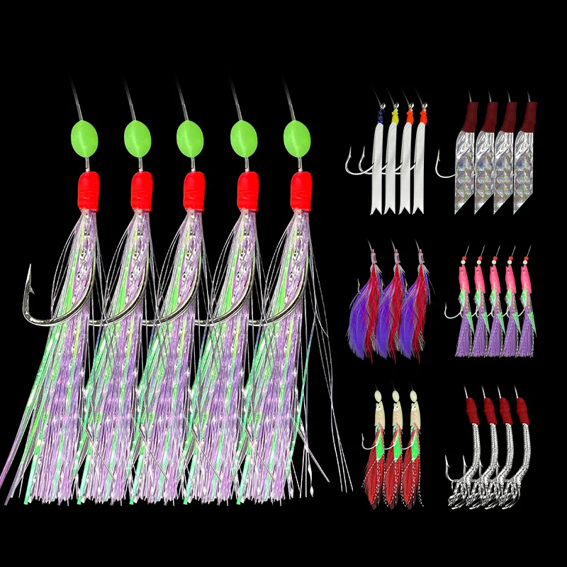 Mixed Luminous Sabiki Rigs Saltwater Mackerel Feathers Fish Skin Flasher Lures Bait Rigs