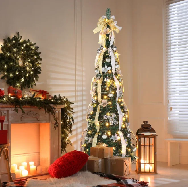 Retractable LED Christmas Tree 4ft-6ft Remote Control Folding Christmas Tree With Bow Ribbon For Christmas Decoration