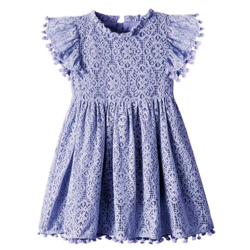 Dusty Color Kids Frocks Malaysia Kids Girls Cotton Pick Lace Long Summer Wedding Dresses Pom Pom O-Neck Party Style Age Children