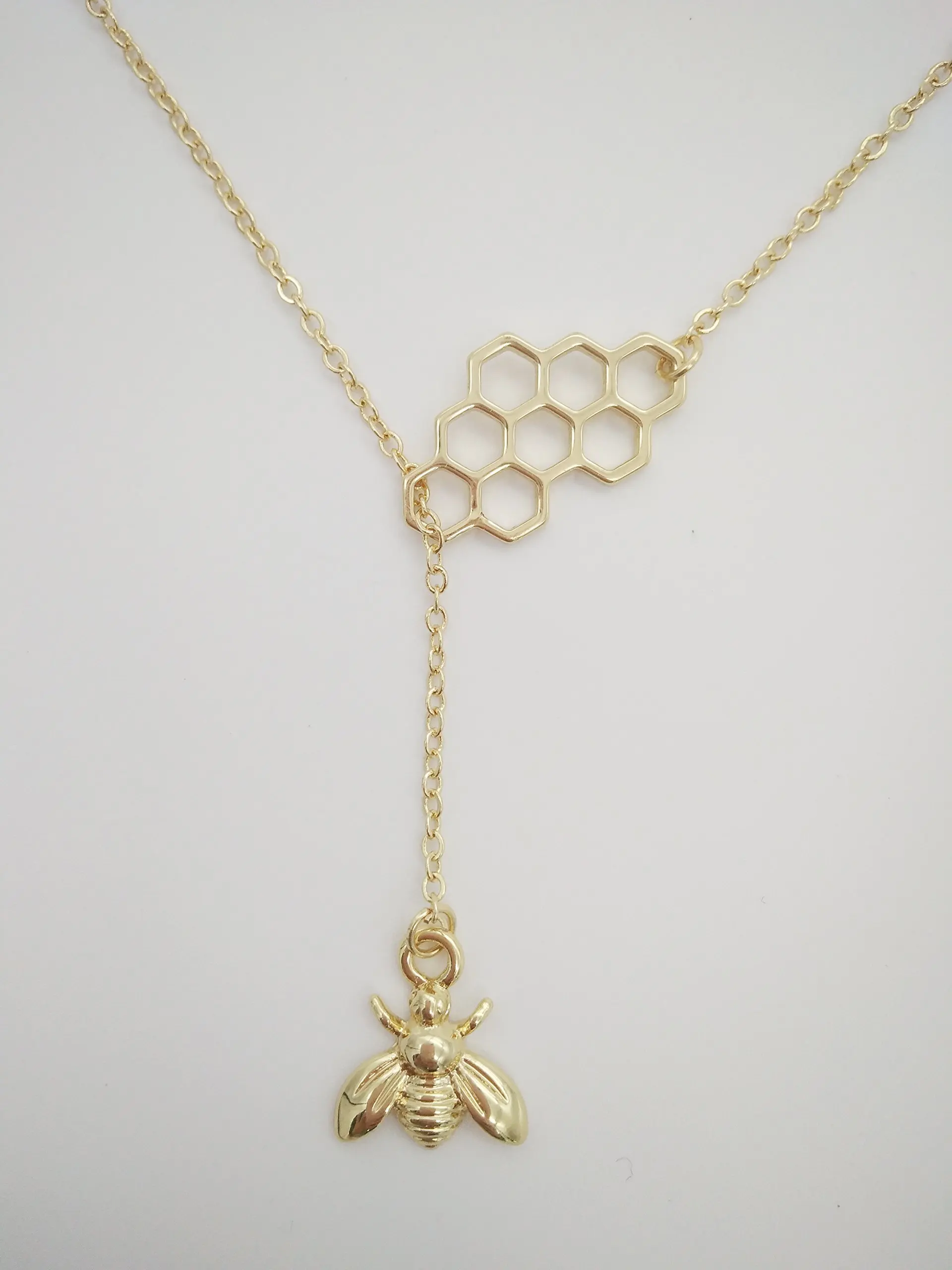 Geometric Bee Hive with Tiny Honey Bee Lariat Y Necklace