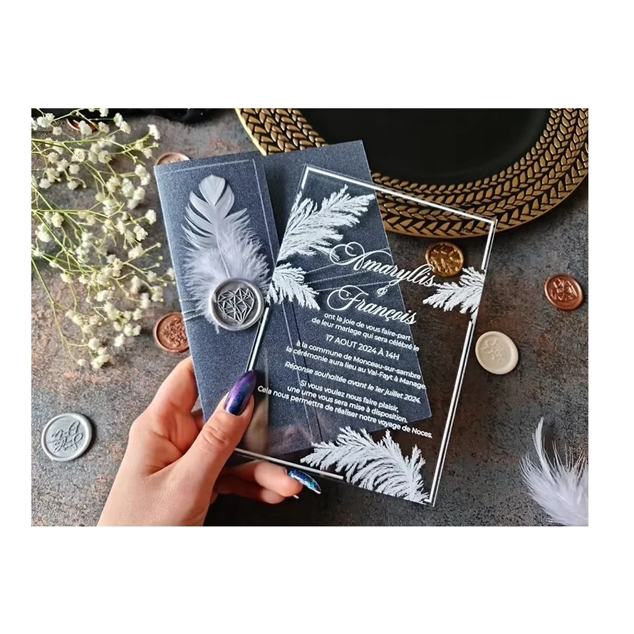 LOW MOQ High Quality Luxury Elegant Wedding Acrylic Invitation Card With Feather In Cover Wit Wax Seal