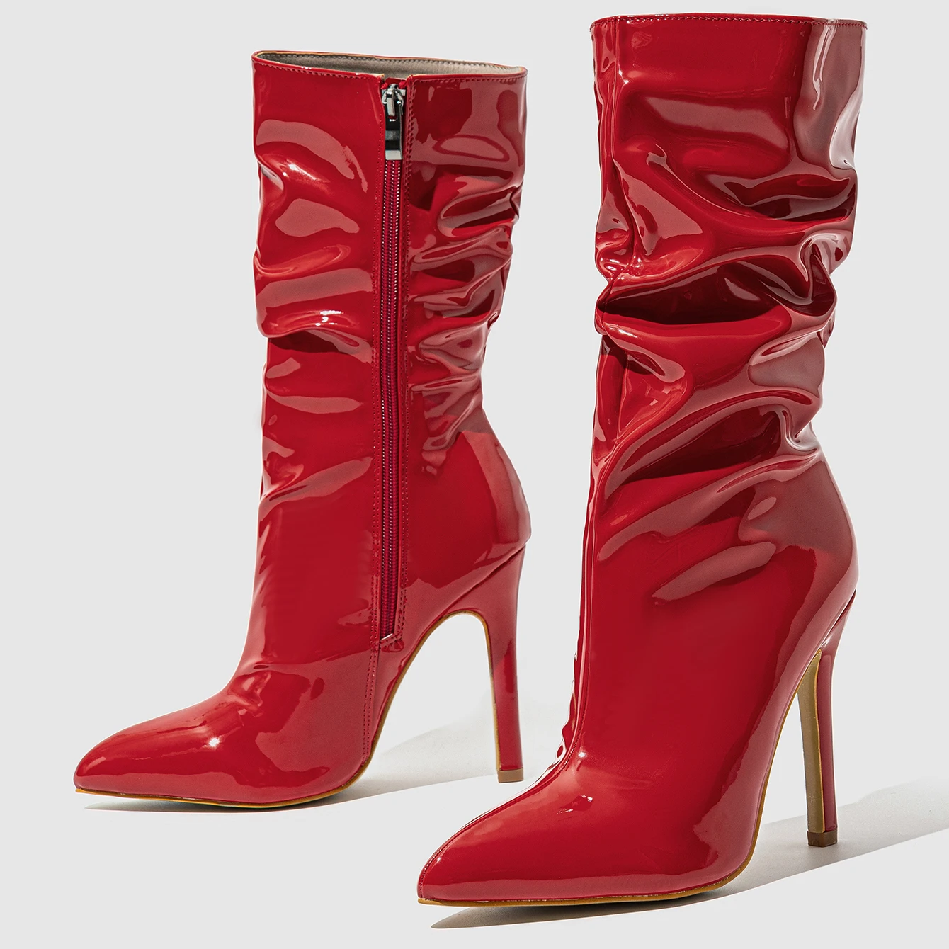 Hot sale ready stock pointed stiletto pile boots patent leather bare shoes short tube high heel Knight boots 42