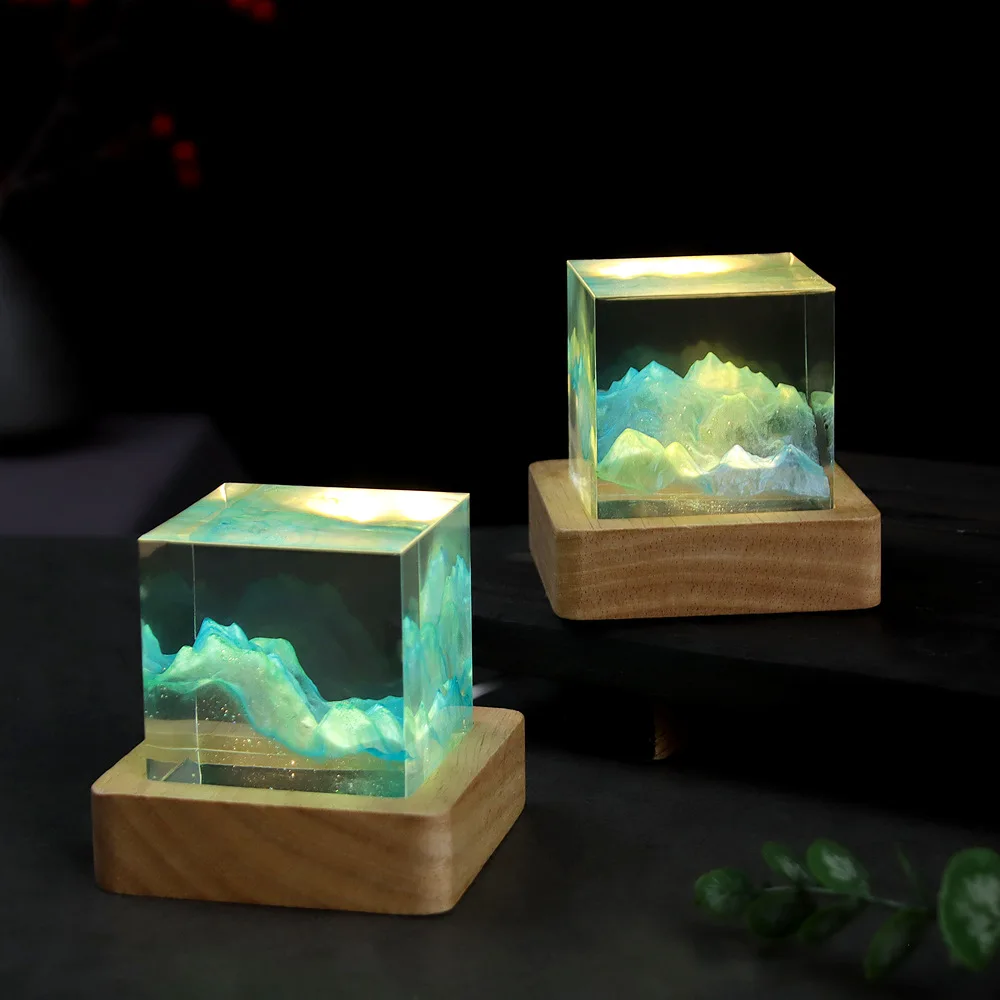 Epoxy Resin Cube LED Night Light Handmade Miniature Landscape Ornaments Birthday Gifts Home Decor Bedside Table Lamp
