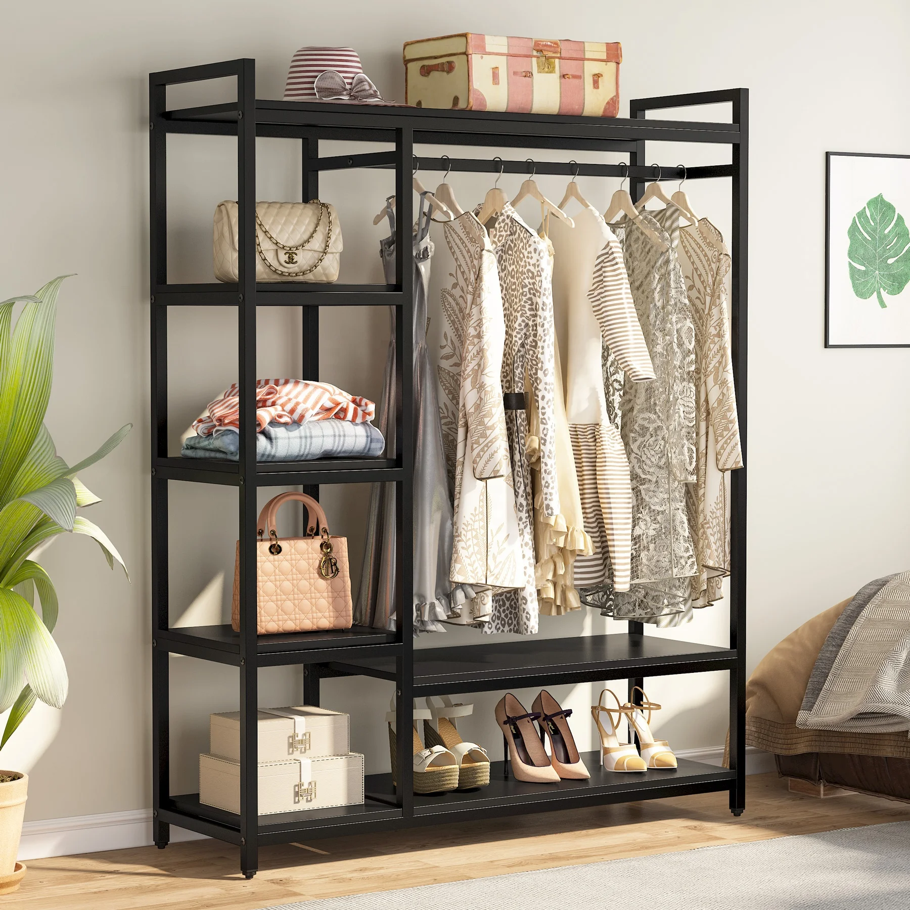 Tribesigns Wooden Black Wardrobe Metal Frame Garment Clothing Rack with Shelves and Hanging Rod for Home