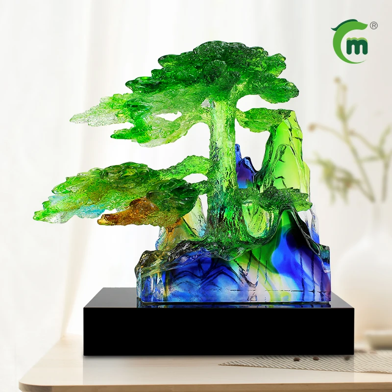 Fengming Glass Liuli Guest Greeting Pine Sculpture Crystal Pine Home Decor Decoration Luxury Art Statue