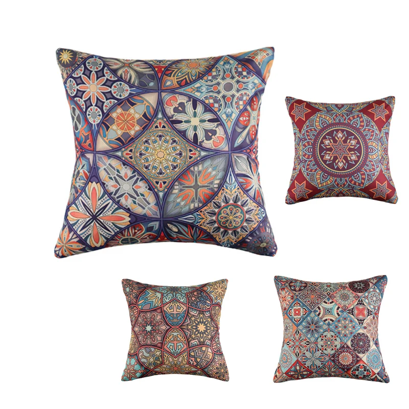 Custom Decorative Printed Linen Polyester Plush Square Throw Pillow Case Bohemia Couch Floor Cushion Covers  Pillow Cases